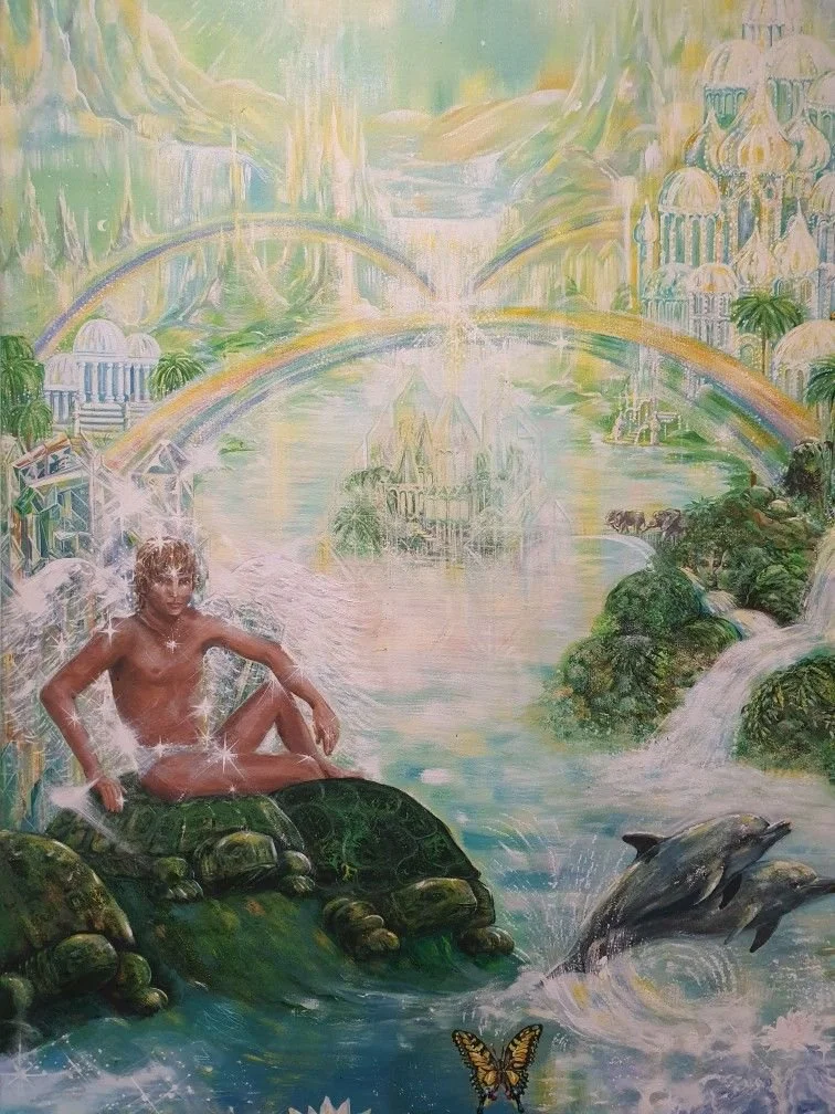 A fantasy scene featuring a young person with a crown, sitting on a large turtle in a lush, magical landscape with waterfalls, dolphins, butterflies, rainbows, and mystical architecture.