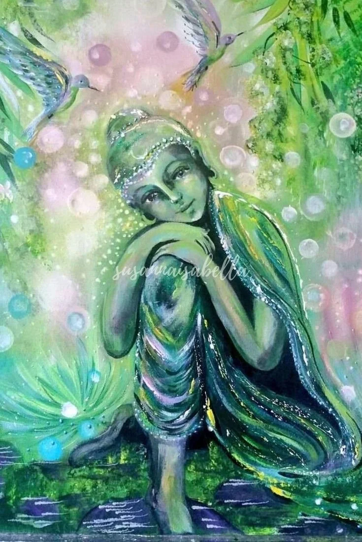 A painting of a woman with a serene expression, surrounded by green and pastel colors. She has long, flowing hair and is holding her hands near her face. Two hummingbirds are flying nearby in a lush, garden-like setting with abstract dots and foliage