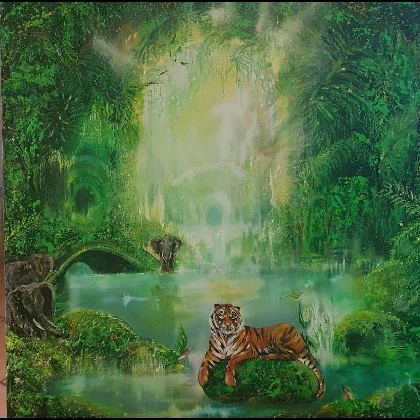A lush green jungle scene with a tiger resting on a rock in the foreground, three monkeys nearby, and waterfalls in the background.
