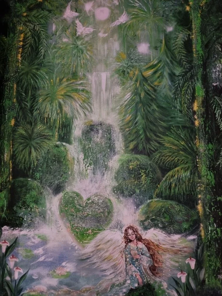 A fantasy scene of a lush green jungle with waterfalls and water lilies. A fairy-like woman with long, flowing red hair sits in the water, surrounded by a magical ambiance.