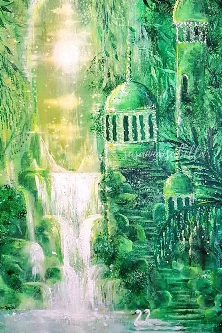 A lush, green landscape with a waterfall flowing into a pond, surrounded by dense trees and foliage, featuring a stone staircase, a domed structure, and two swans in the pond, all painted in a watercolor style.