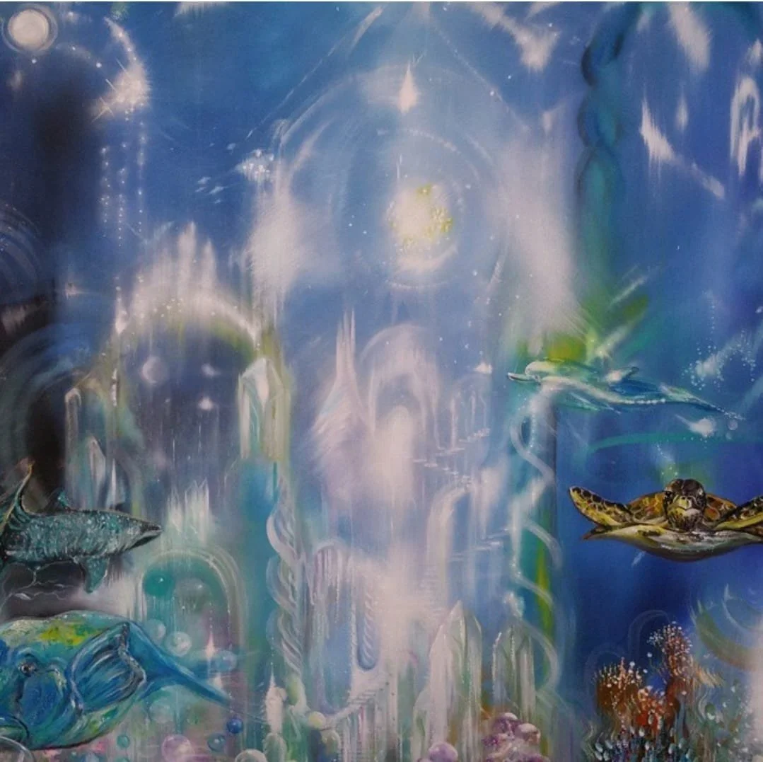 A colorful underwater scene featuring various sea creatures like a turtle, a fish, and coral, with a vibrant, abstract background of blues and whites.