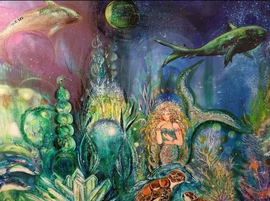 An underwater fantasy scene with dolphins, a mermaid with long blonde hair, colorful coral, and plant life. The scene is vibrant with various shades of blue, green, and hints of pink and purple.