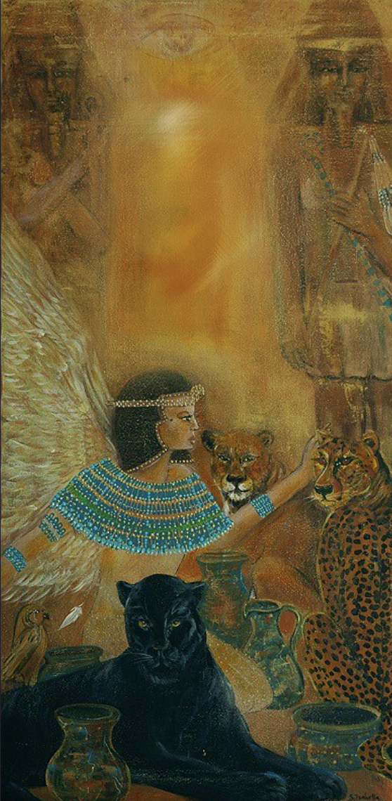 Painting of an ancient Egyptian scene with a woman in traditional attire and jewelry, accompanied by a black panther and two lions, with Egyptian symbols and hieroglyphs in the background.
