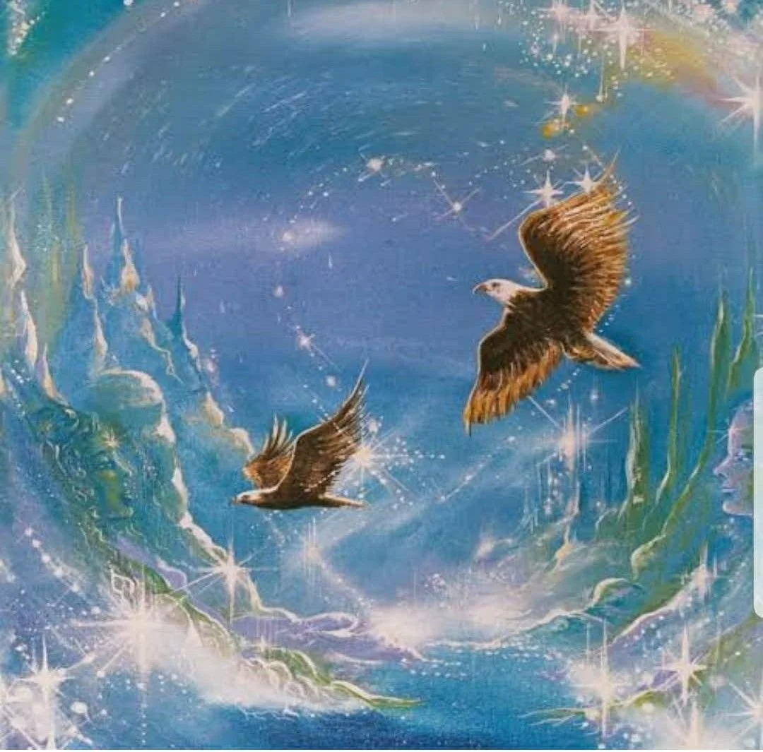 Painting of two eagles soaring through a celestial scene with stars, constellations, and a cosmic background.