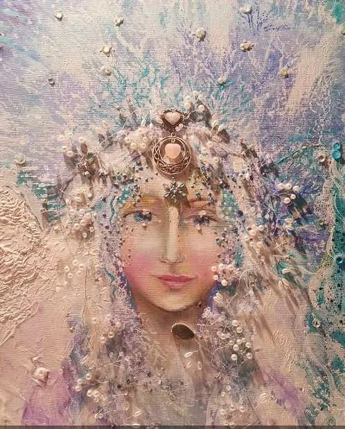 A textured, artistic painting of a woman's face with closed eyes, adorned with intricate jewelry, flowers, and pearls, surrounded by a colorful, abstract background.