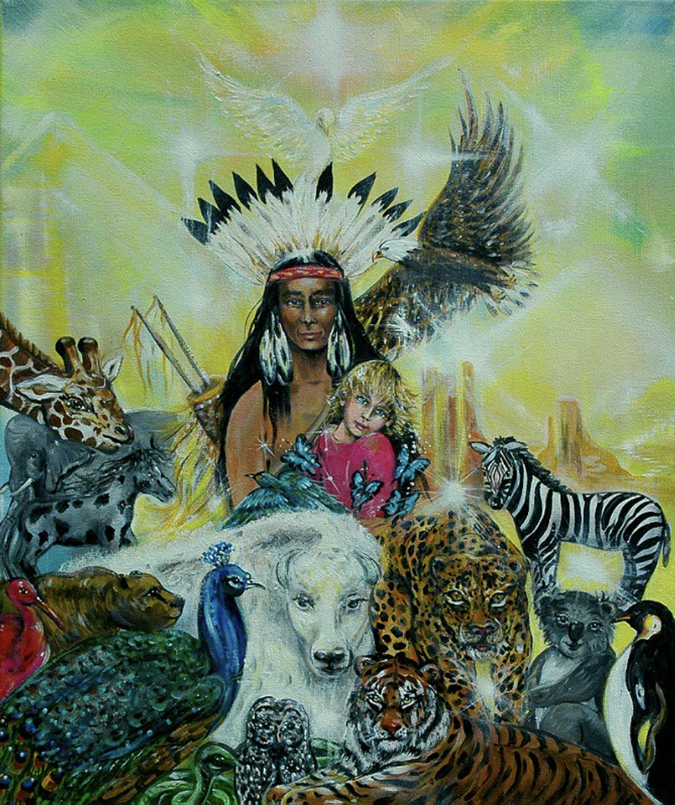 A painting depicting Native American culture with a central figure wearing a headdress, surrounded by various wild animals including a giraffe, zebra, leopard, tiger, wolf, eagle, peacock, and others, with a woman and a young girl in the center.