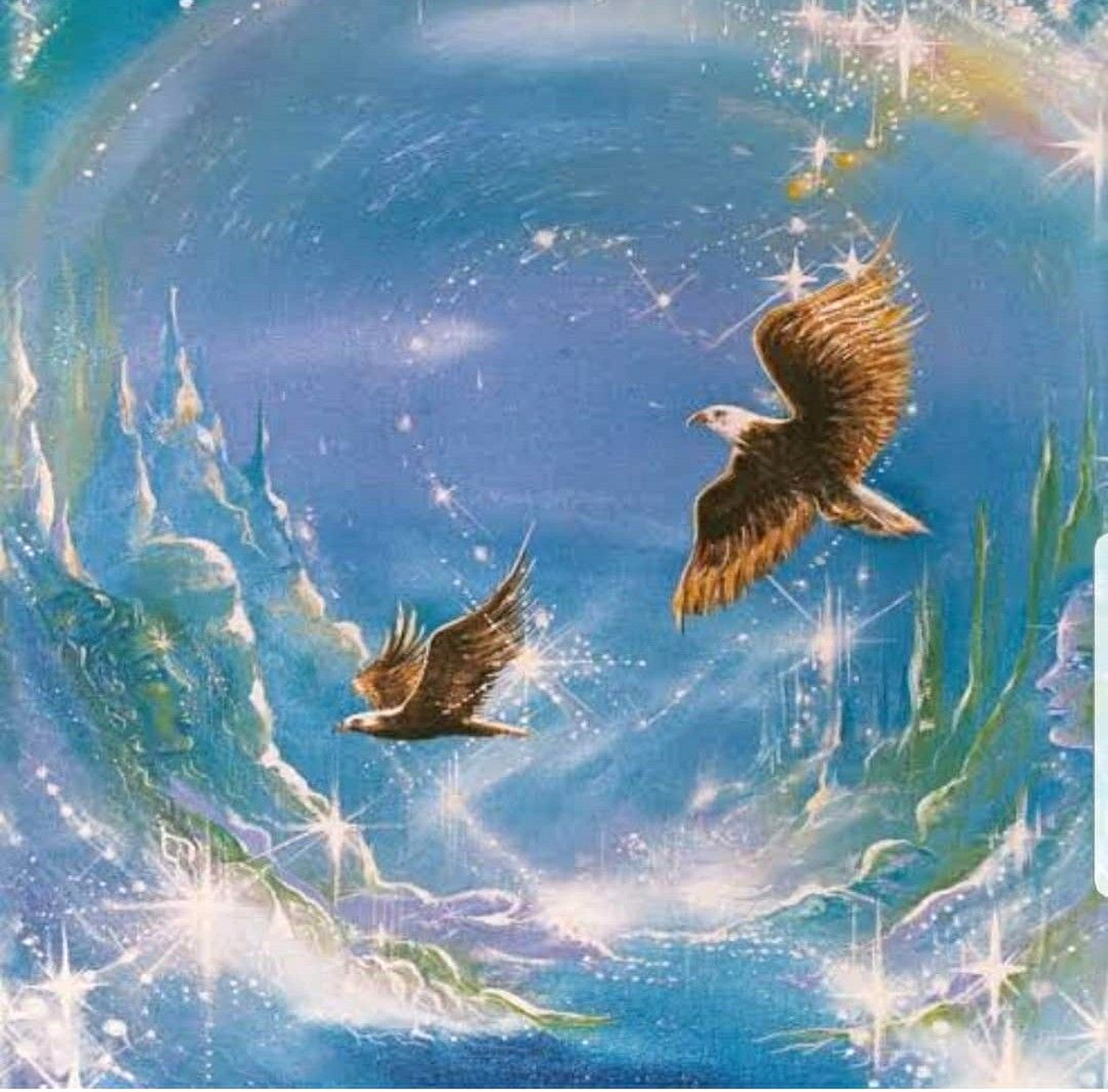 Two eagles flying in a mystical, starry sky with a circular rainbow and crystalline landscape with mountains and greenery.