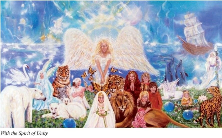 Colorful mural depicting angels, lions, tigers, swans, dolphins, and children in a heavenly scene with a blue sky and clouds.