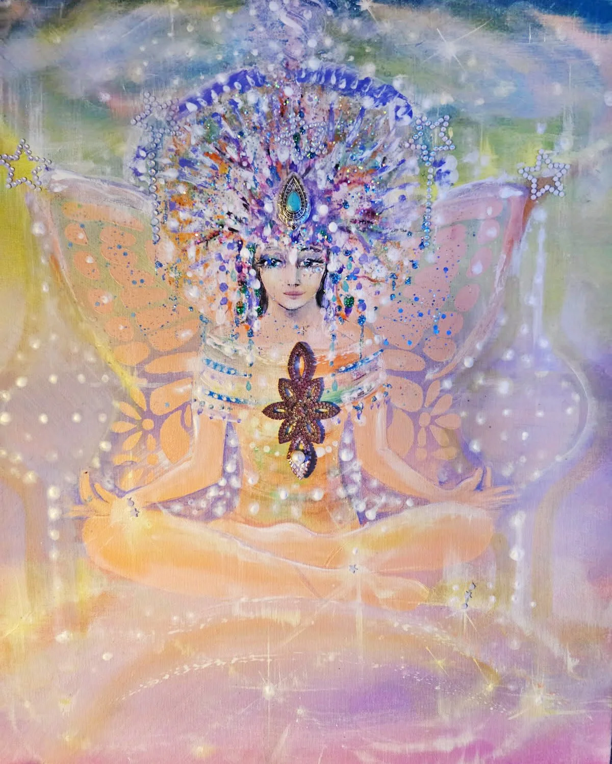 A fantasy-style painting of a female deity with a radiant headdress adorned with blue, purple, and white jewels, sitting in a meditative pose surrounded by vibrant colors, glowing orbs, and mystical symbols.