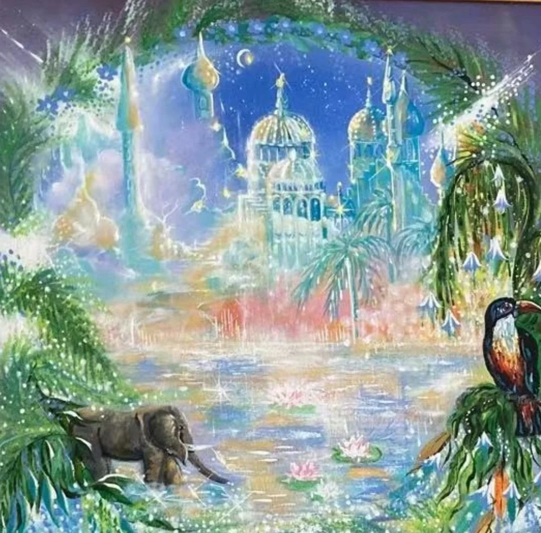 A fantasy painting featuring a distant castle with domes and spires, set against a starry night sky. In the foreground, dense tropical foliage surrounds a pond with water lilies. An elephant is crossing the pond, and a colorful toucan sits on a branc