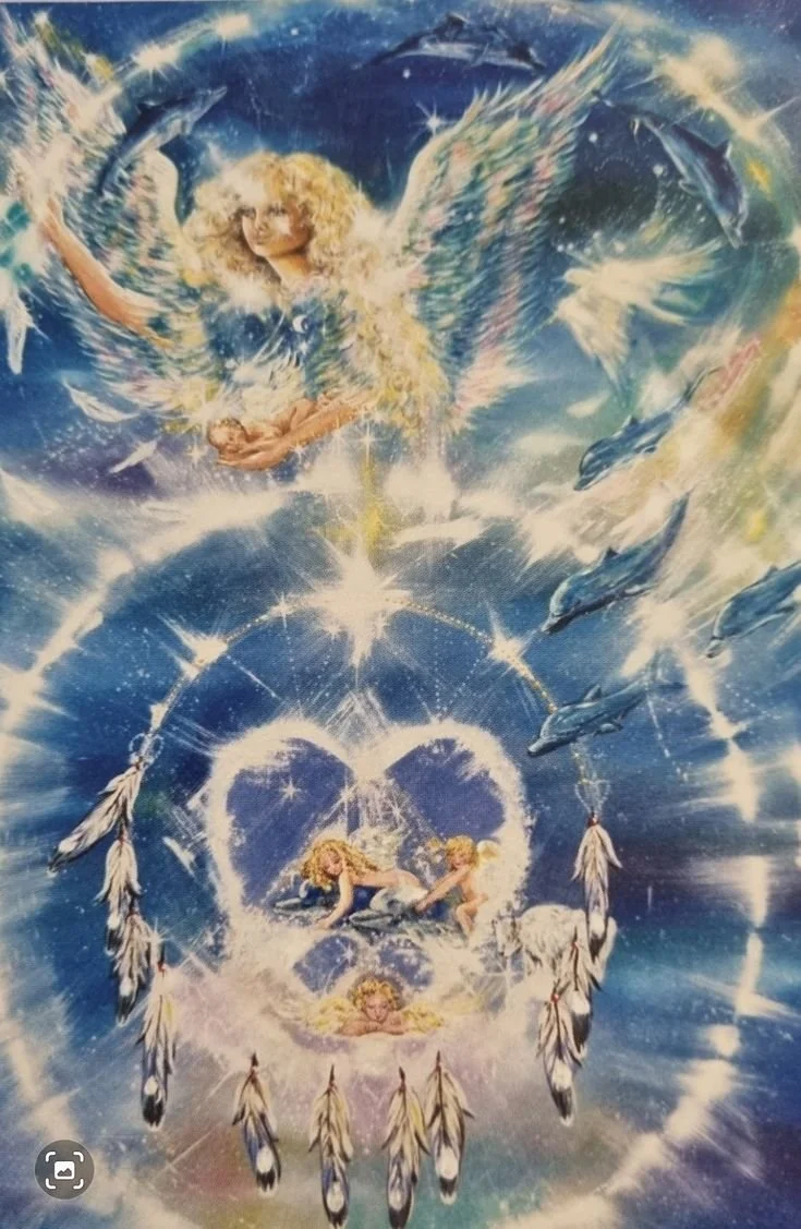 A mystical, celestial scene featuring angelic figures with blonde curly hair, dolphins, and feathers, surrounded by glowing stars and cosmic elements.