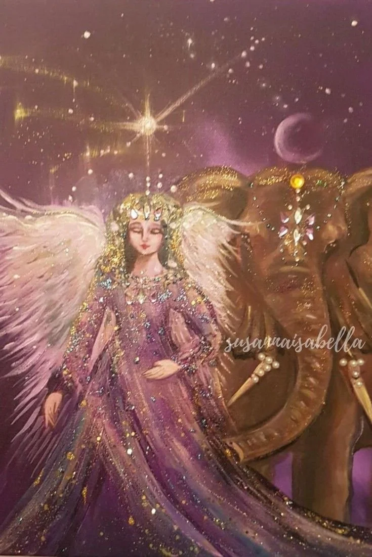 Fantasy artwork depicting a woman with angel wings, dressed in a sparkling gown, with a cosmic background including stars, a moon, and a mystical dragon.