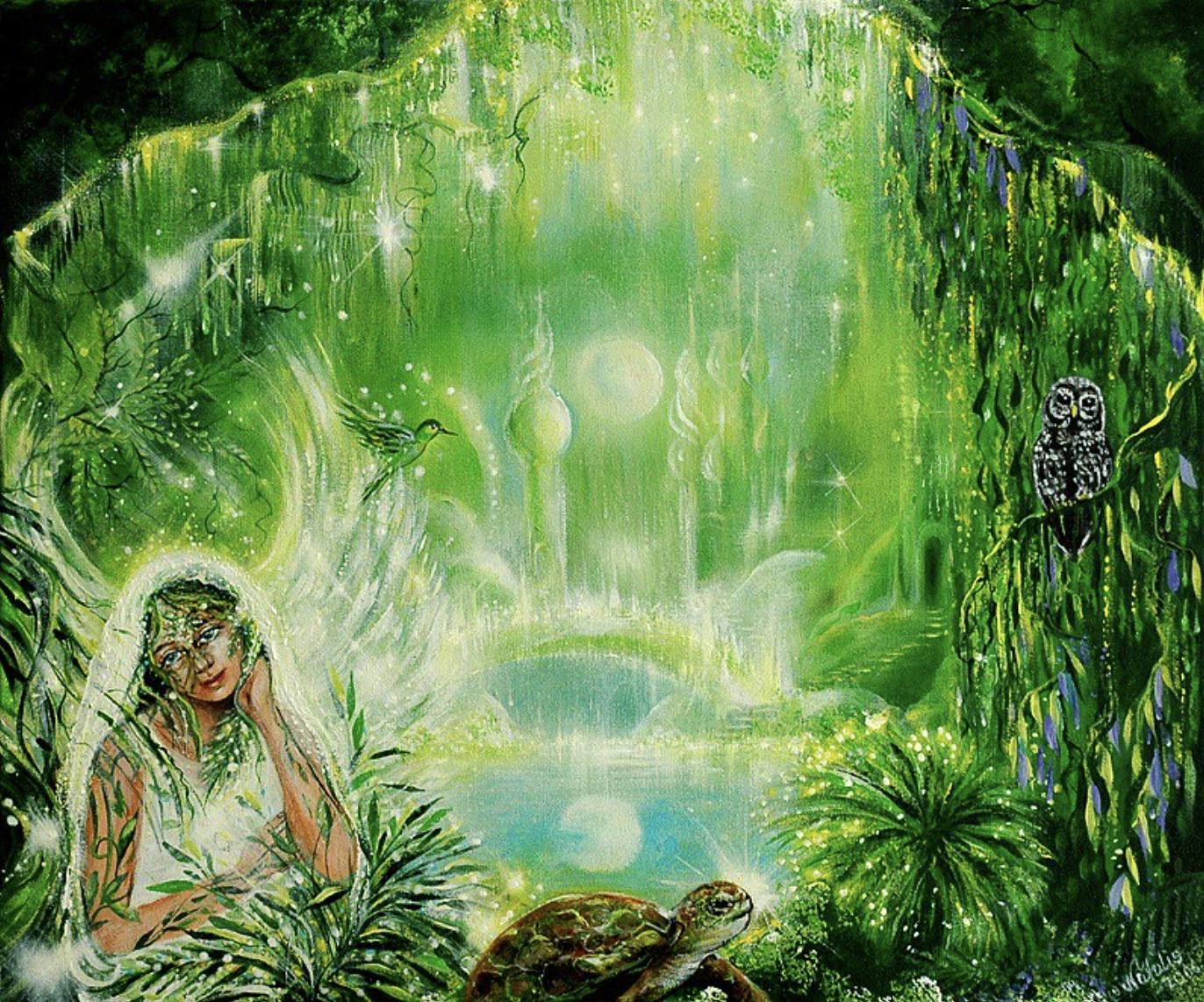 A fantasy scene in a lush green jungle with a woman wearing a headdress, a turtle, a hummingbird, a wise owl on a vine, and glowing orbs and plants, creating a magical atmosphere.