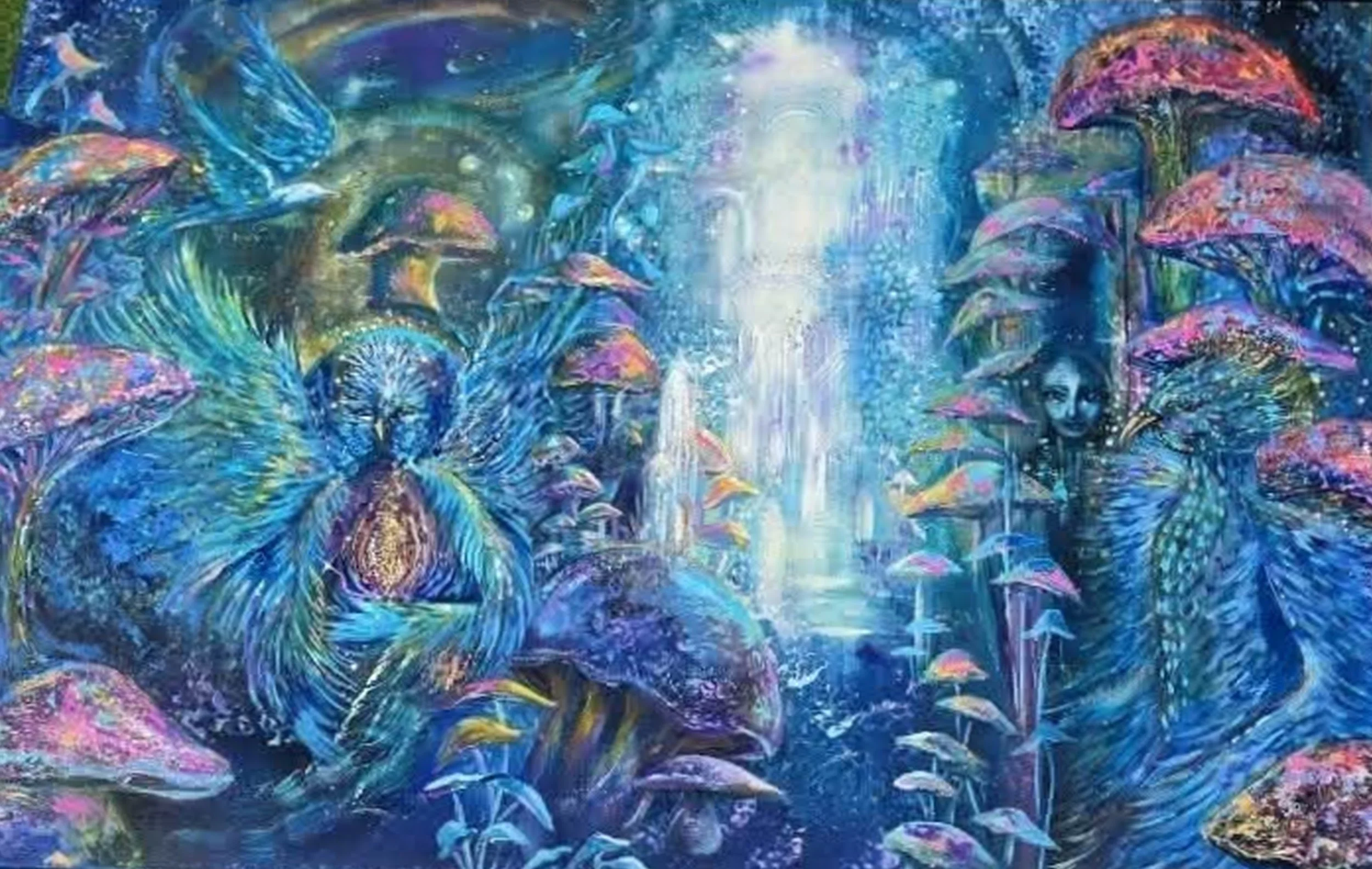 Colorful fantasy scene with large mushrooms, bioluminescent plants, a dragonfly, a butterfly, and a mysterious woman with a face emerging from the foliage, illuminated by a glowing waterfall in the background.