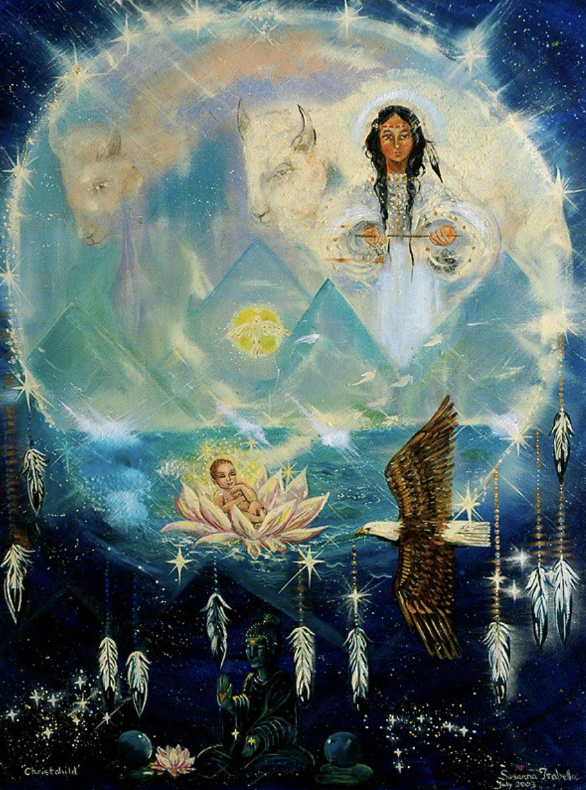 A mystical celestial scene depicting various spiritual and mythical figures, including a woman with long dark hair holding a scepter, angelic faces, a baby inside a lotus flower, an eagle, a young child sitting cross-legged, and a figure with a headd