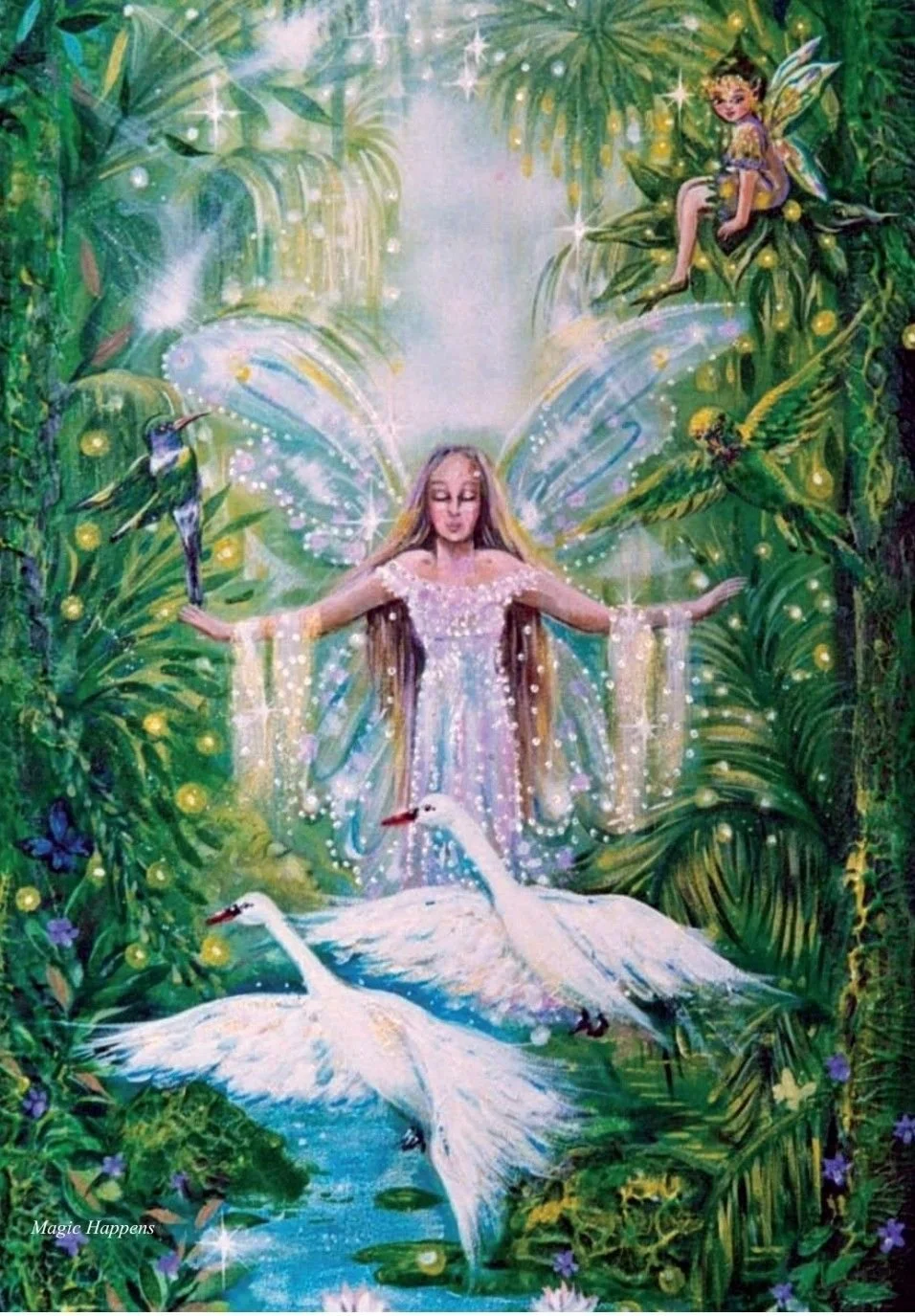 A fairy with long blonde hair and glowing wings stands in a lush, green forest near a small stream. Two swans float in the water, and other fairies with wings are perched among the leaves. The scene is magical, with sparkling lights and a mystical at
