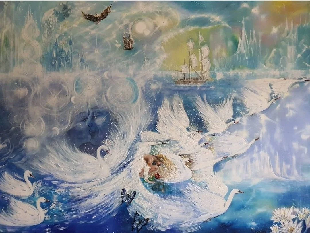 A colorful fantasy-style mural with swans, a ship, flying birds, butterflies, a woman’s face in water, and a lion, blending elements of nature and imagination.