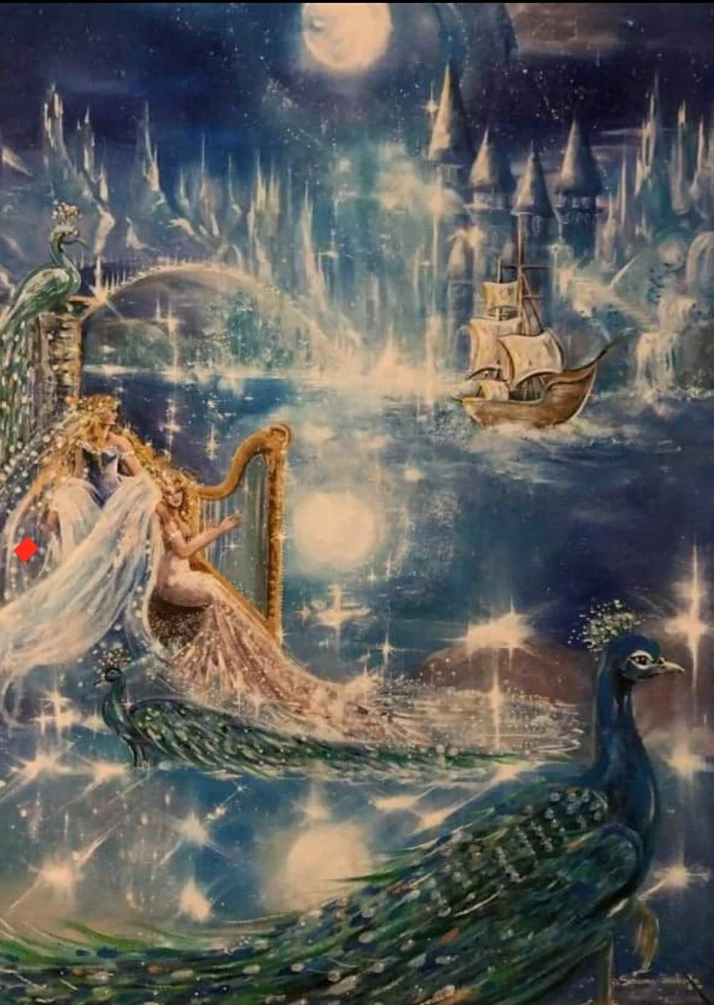 A fantasy painting of a celestial scene with a woman playing a harp near a pond, surrounded by peacocks, with sailing ships on the water and a starry night sky with the moon.