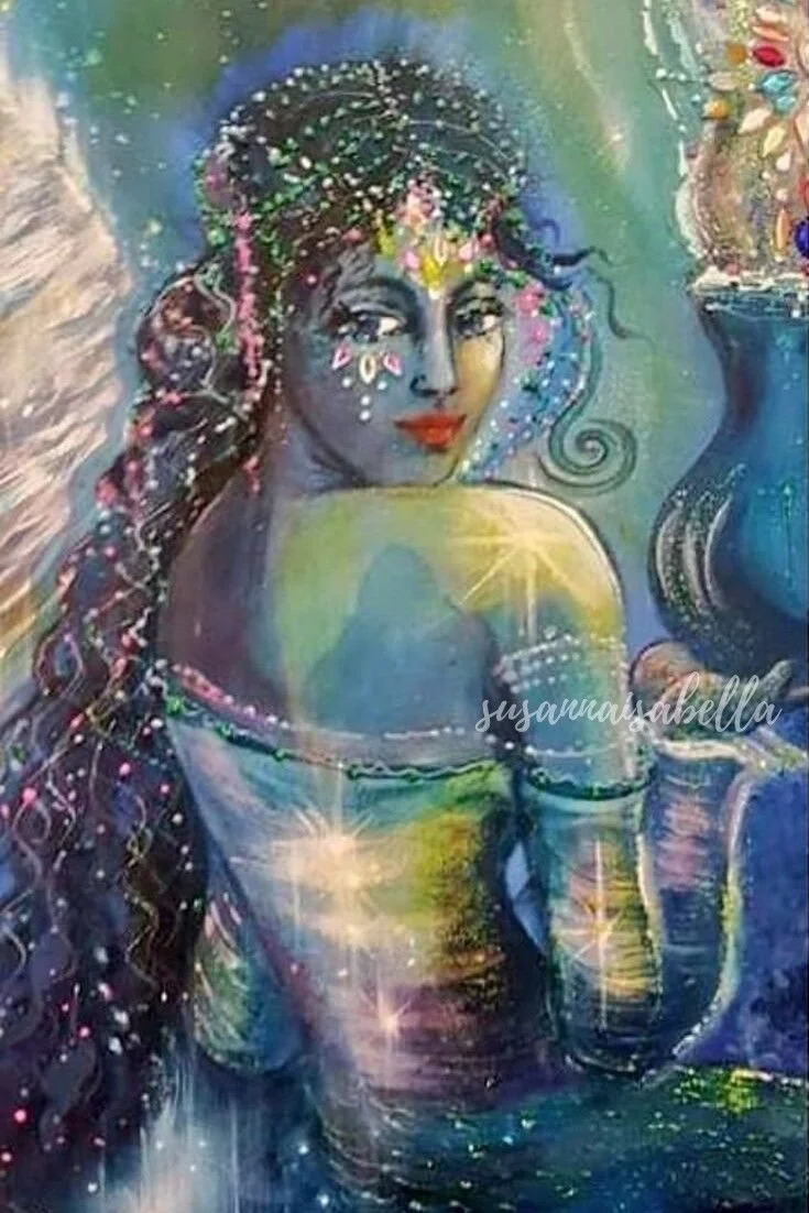 Colorful painting of a mermaid with long braided hair and a confident expression, surrounded by aquatic and celestial elements.