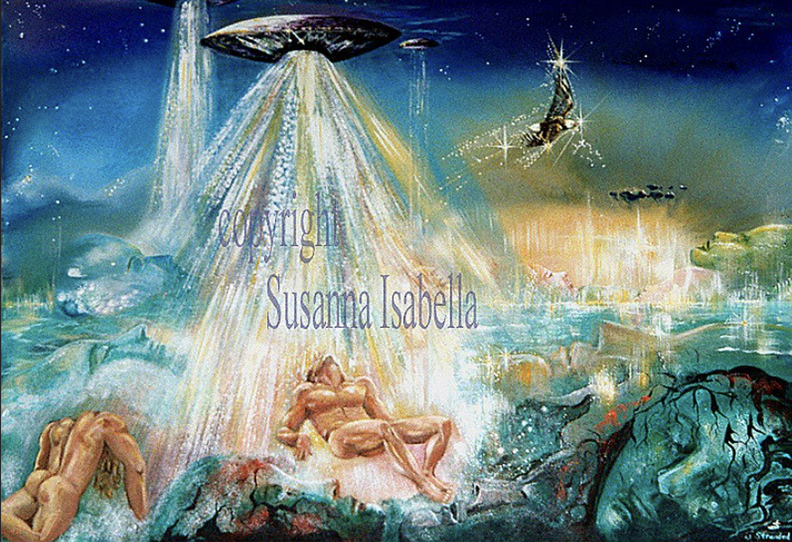 A surreal, colorful artwork featuring several nude figures lying and reclining on rocks, with a cosmic and aquatic background. A large UFO emits beams of light, and a flying insect with sparkling effects is visible. The text reads 'copyright Susanna 
