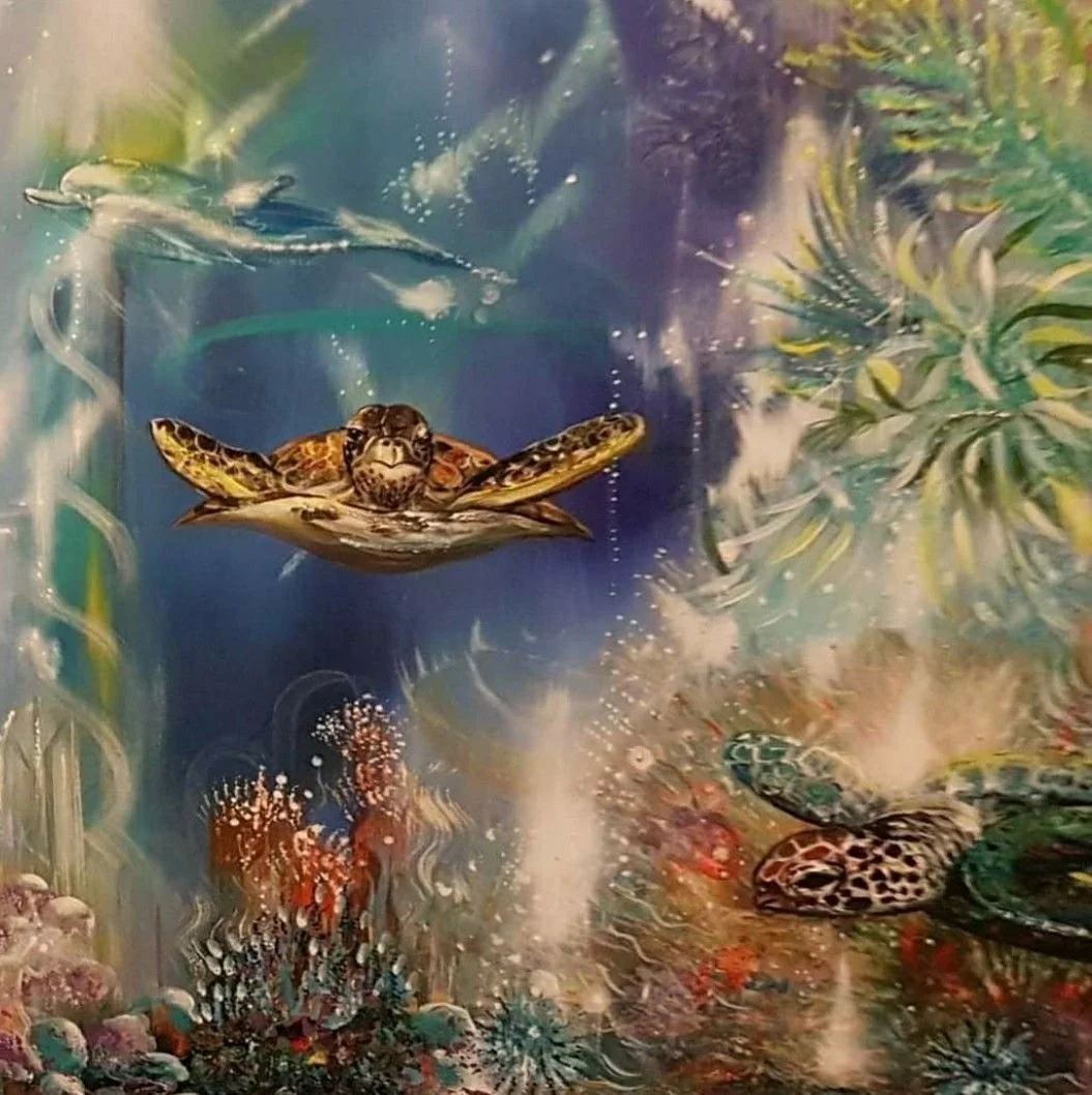 An underwater scene featuring a turtle with a small turtle on its back, various colorful fish, coral, and sea plants in a vibrant ocean setting.