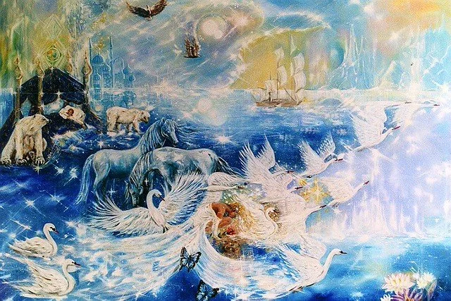 A fantasy-themed mural with white swans, flying birds, horses, and a ship at sea, set against a blue and yellow sky with clouds.