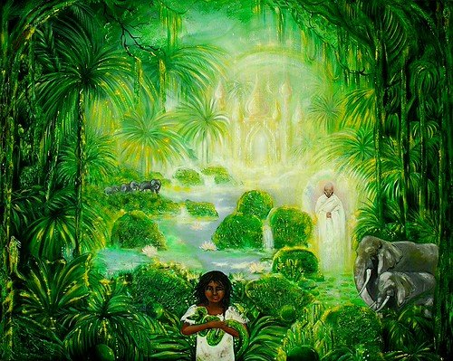 A lush, green jungle scene with a waterfall, water, and dense foliage. A girl in a white dress stands in the foreground, a man in white robes stands near the water, and an elephant is nearby.