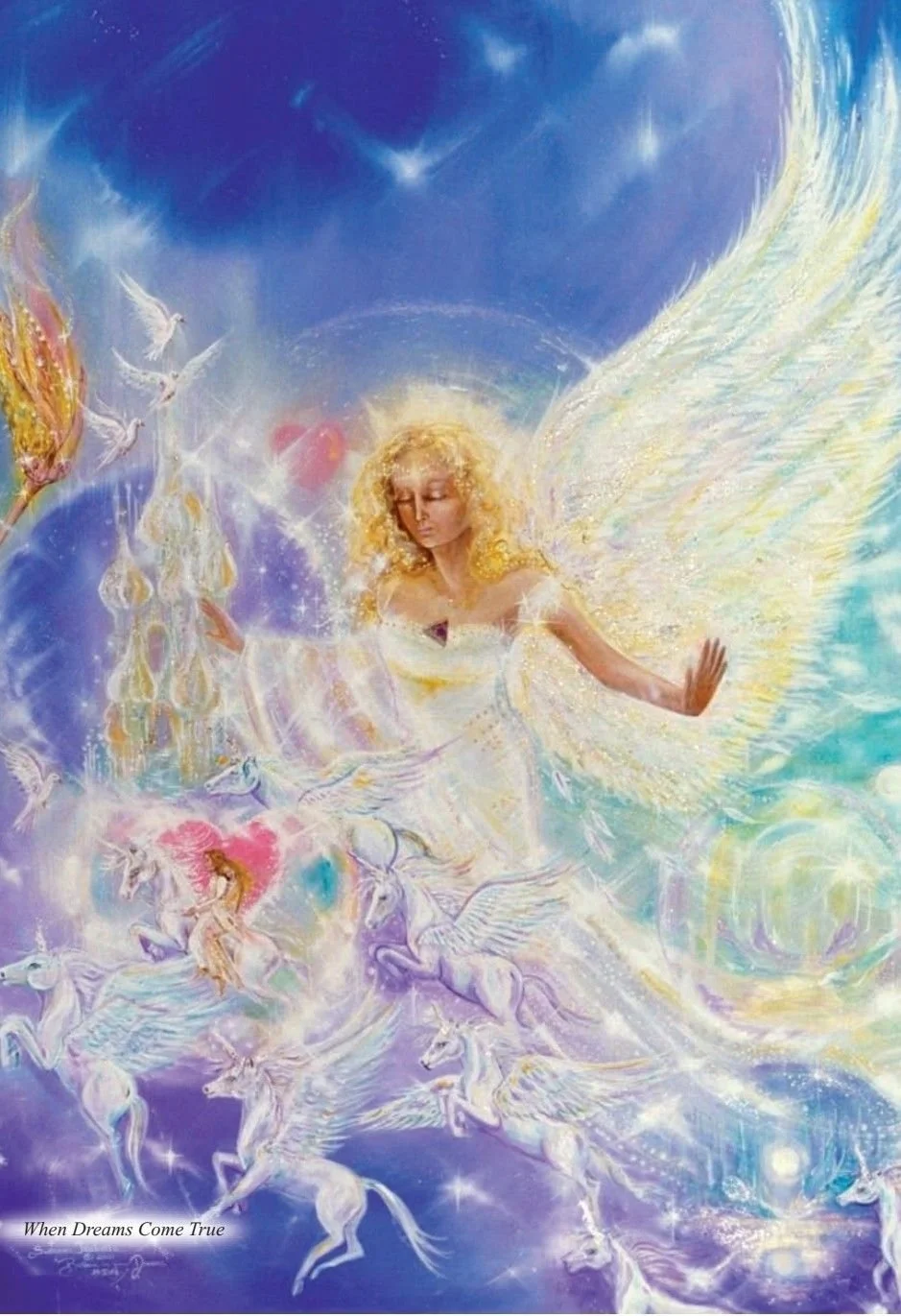 A fantasy painting of a blonde angel with large white and golden wings flying among white unicorns with wings, surrounded by bright, iridescent clouds and a glowing blue sky. Softly glowing orbs and doves are also present, creating a dreamlike scene.