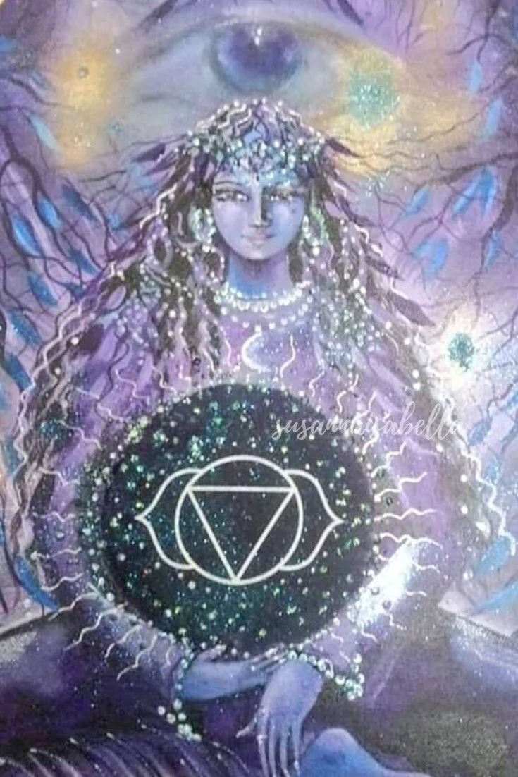 Artistic depiction of a mystical woman with long flowing hair, surrounded by glowing symbols and cosmic elements, holding a glowing sphere with a geometric symbol inside.