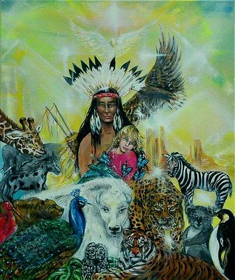 A Native American woman wearing a feathered headdress surrounded by various animals including a zebra, tiger, lion, peacock, and other wild animals.