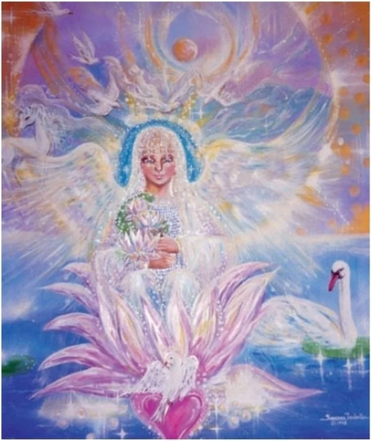 A colorful painting of a woman with blonde hair and a crown, surrounded by angelic figures, a swan, and radiant lights, set against a celestial background with a sun and stars.