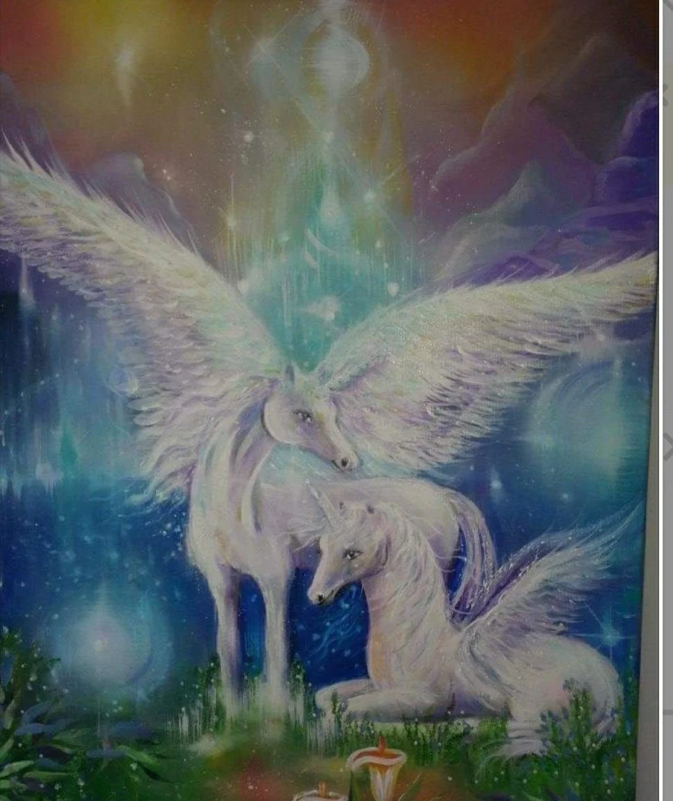 Fantasy painting of two flying unicorns with wings in a colorful cosmic background.