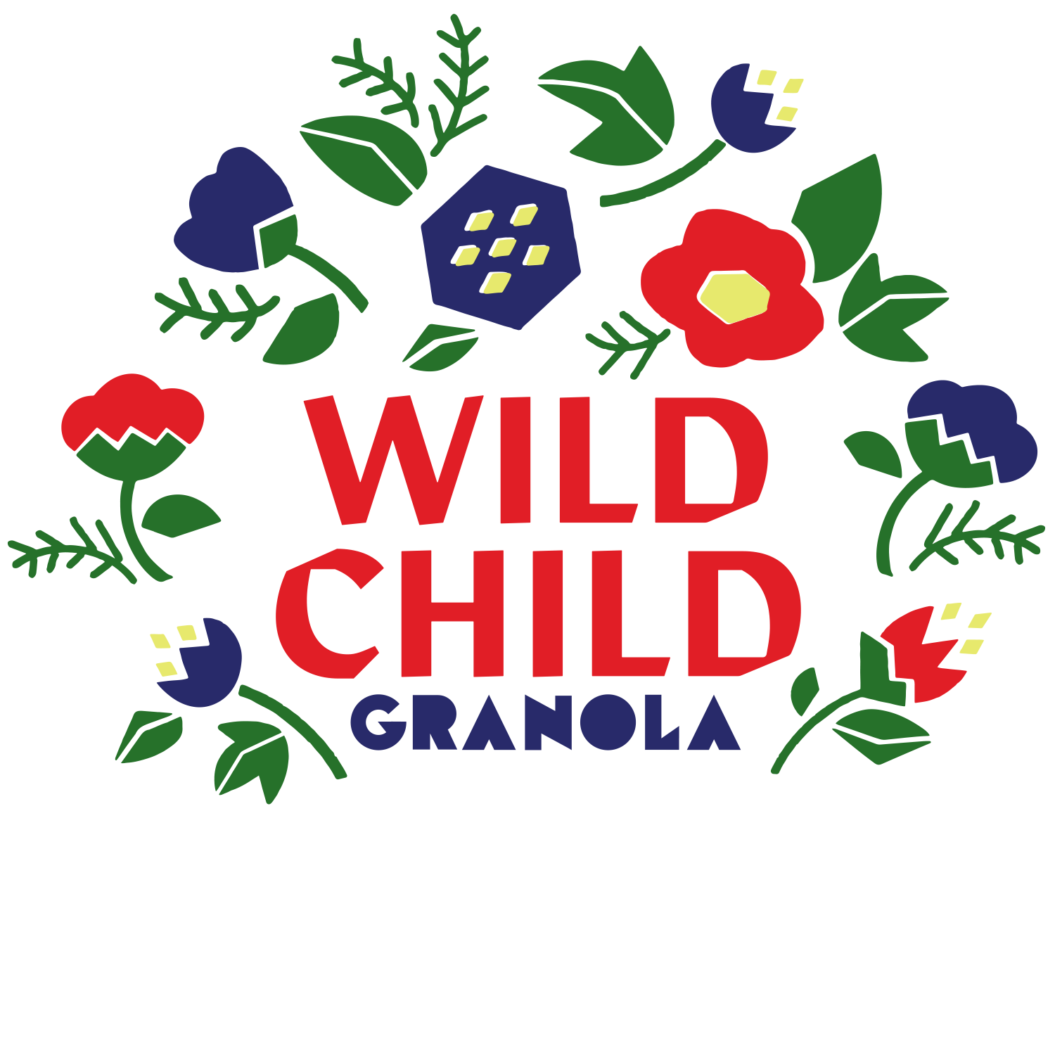 Colorful packaging of Wild Child Granola with red, blue, and green flowers and leaves, featuring the brand name in bold red and blue letters and a spoon graphic at the bottom.