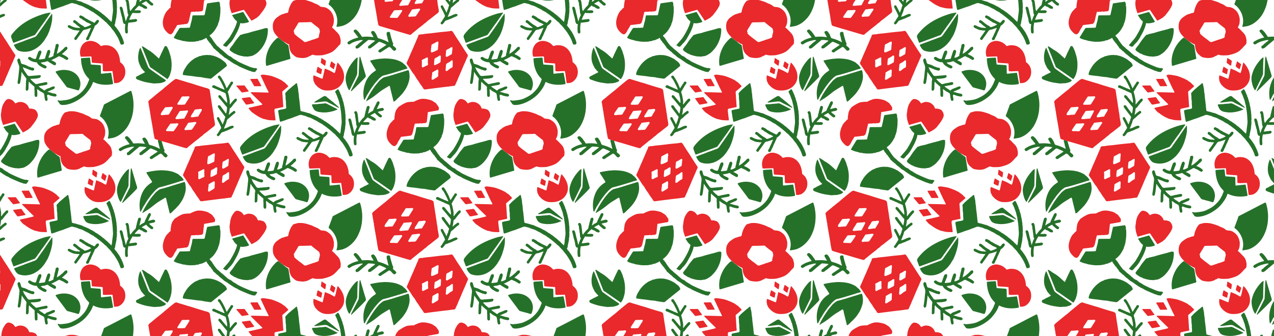 A repeating pattern of fun red flowers and playful greenery