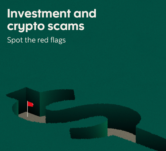 "Investment and crypto scams: Spot the red flags" text above an illustration of a winding dollar-sign-shaped path with a small red warning flag at its start, on a dark green background.