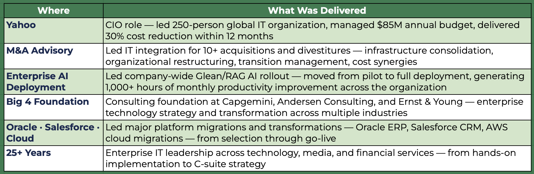 Table summarizing Ian Tervet's IT leadership credentials and track record.