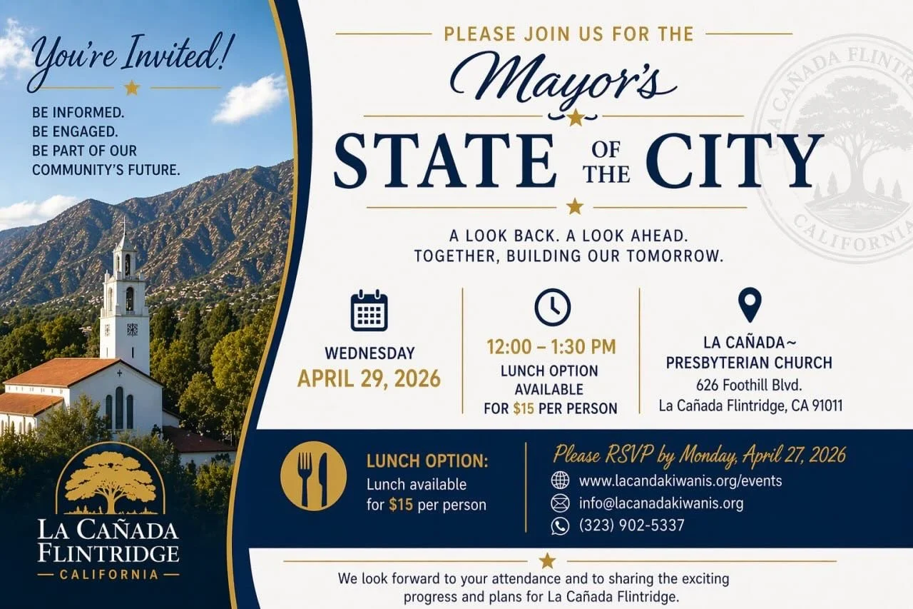 Wednesday, April 29, we welcome Mayor Kim Bowman Jr to present La Ca&ntilde;ada Flintridge Mayor&rsquo;s State of the City Address and you&rsquo;re all invited! Seats are limited to RSVP at https://forms.gle/Nemvg26172hraAWr5