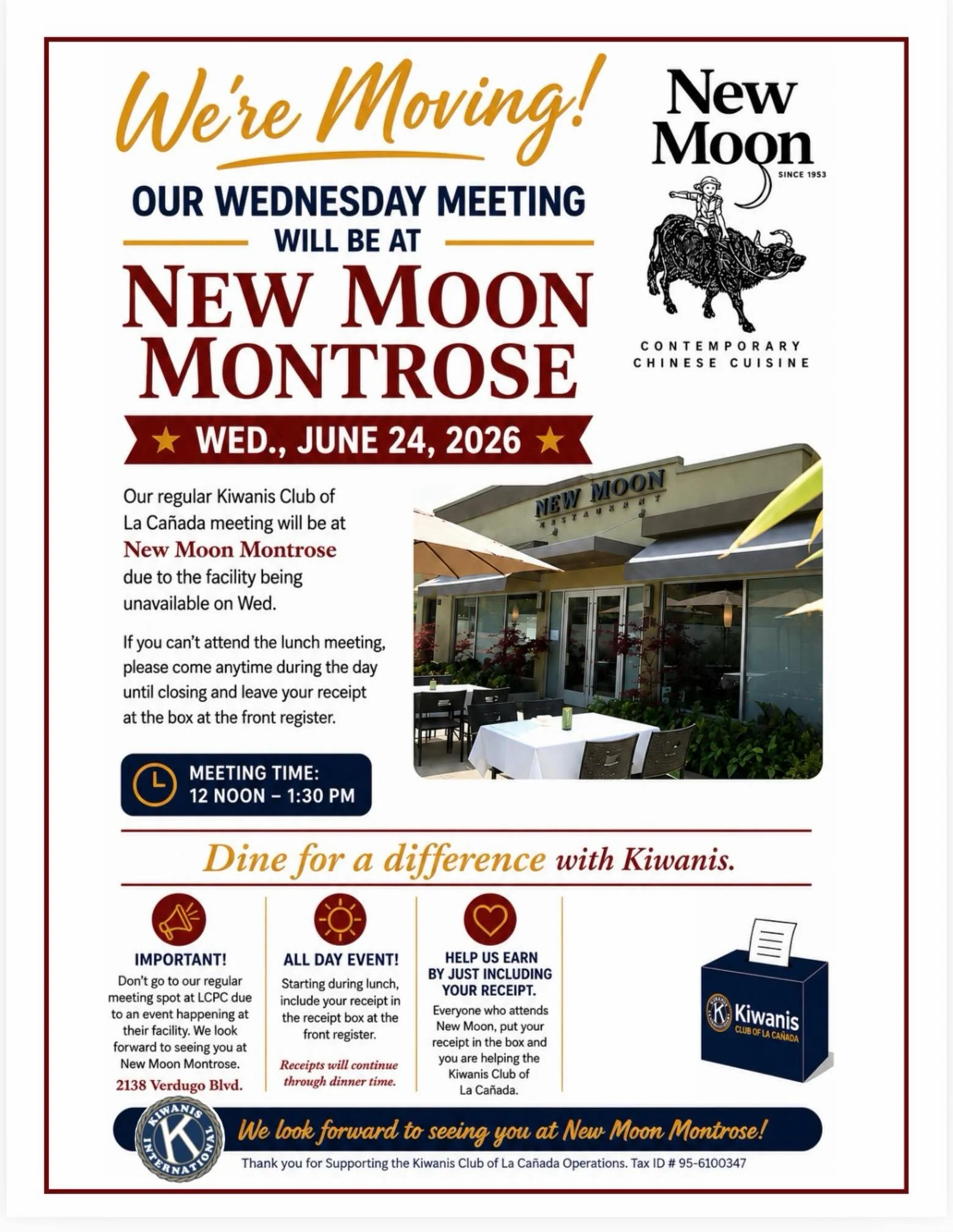 Join the Kiwanis Club of La Ca&ntilde;ada for an easy and delicious way to support our mission of serving local children and our community!

📅 Wednesday, June 24
🍽️ Fundraiser: ALL DAY &ndash; Enjoy lunch, dinner, or takeout at New Moon Restaurant
