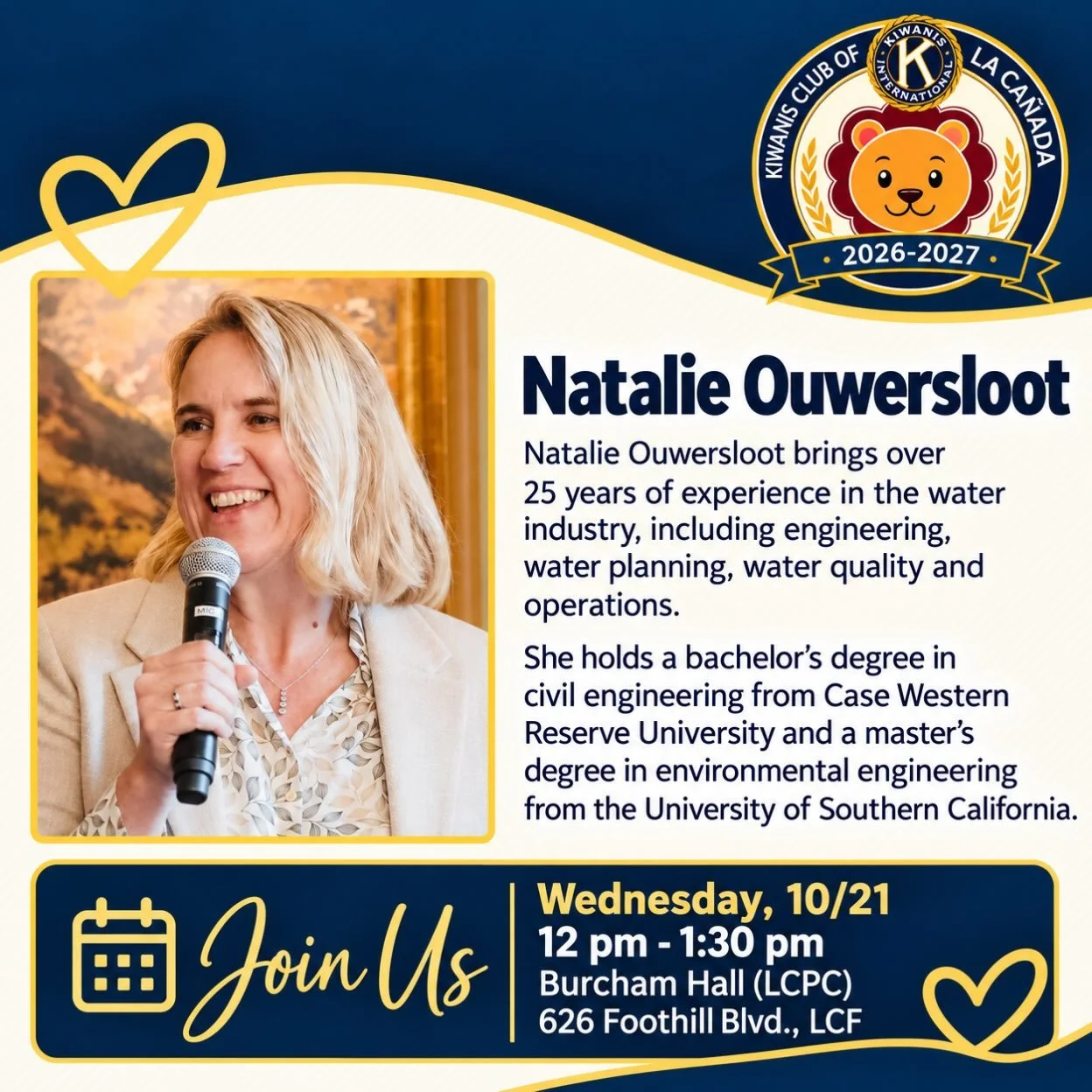 Join us at noon on Wednesday, October 21st! Natalie Ouwersloot will be touching on a number of issues that are of vital interest to La Ca&ntilde;ada Flintridge residents such as the ongoing drought, the risks of our usual water sources being diverted
