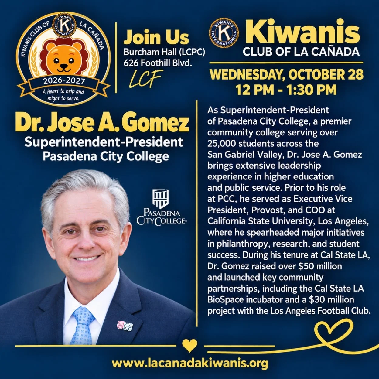 Looking forward to hearing from @pcclancer President/Superintendent @jose.a.gomez.la this Wednesday, November 26th! 

Hope to see you there!