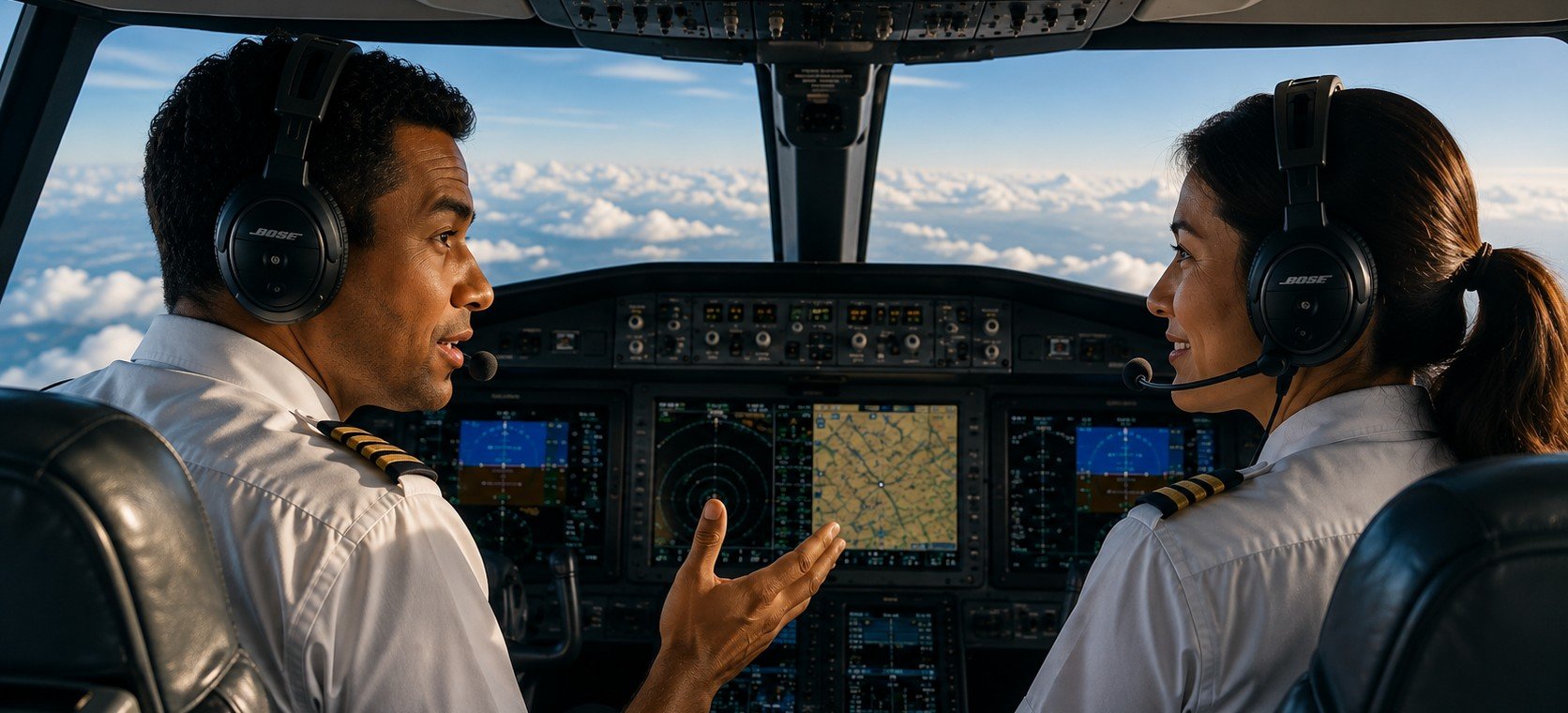 Two pilots communicating in a jet cockpit