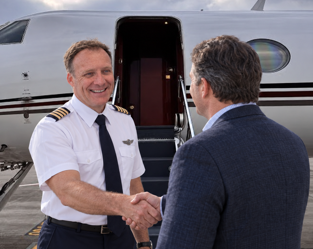 Pilot greeting customer at air stairs of Gulfstream 450