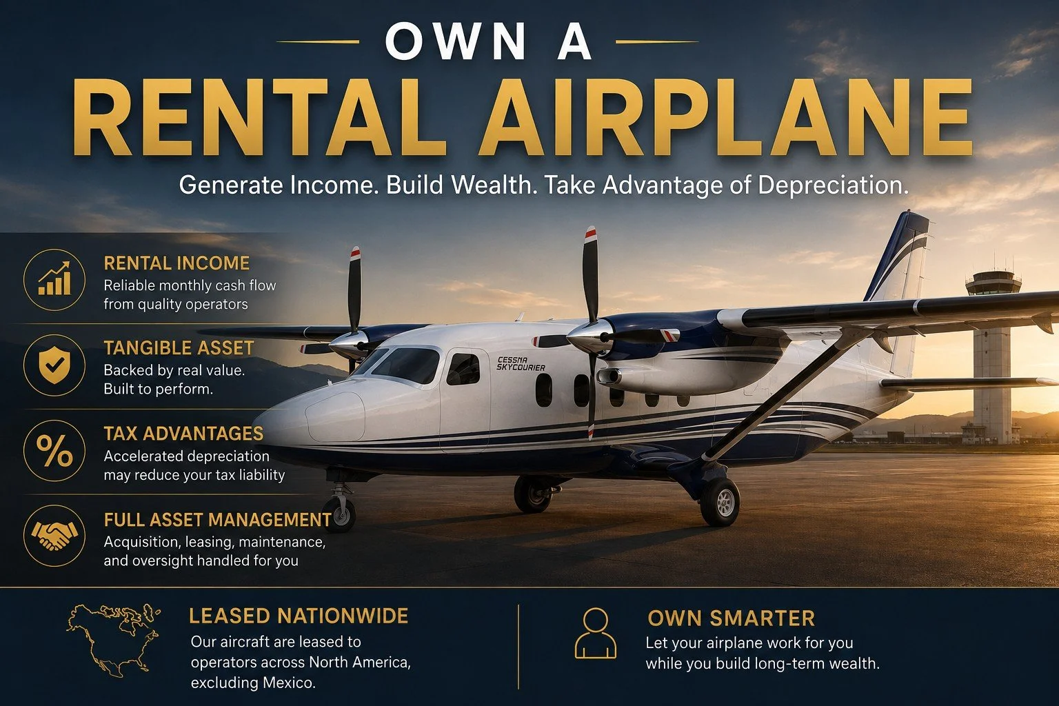 Own a Rental Airplane graphic: generate income, build wealth, take advantage of depreciation, with a Cessna Grand Caravan on a runway