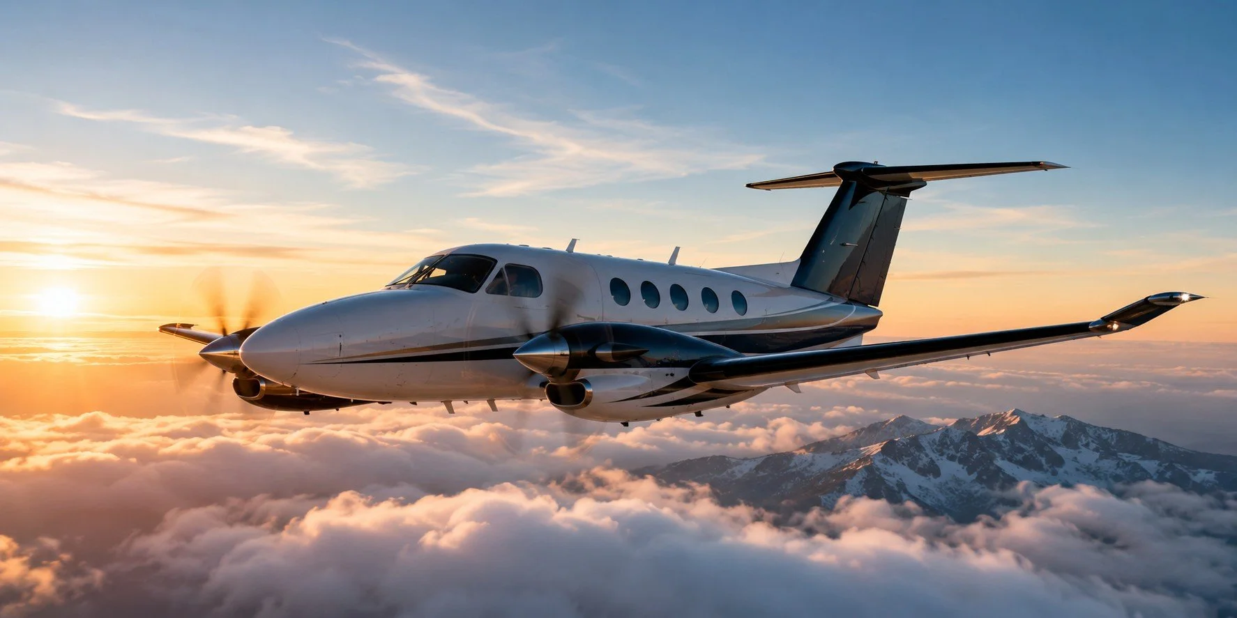 Beechcraft King Air twin turboprop flying above clouds at sunset