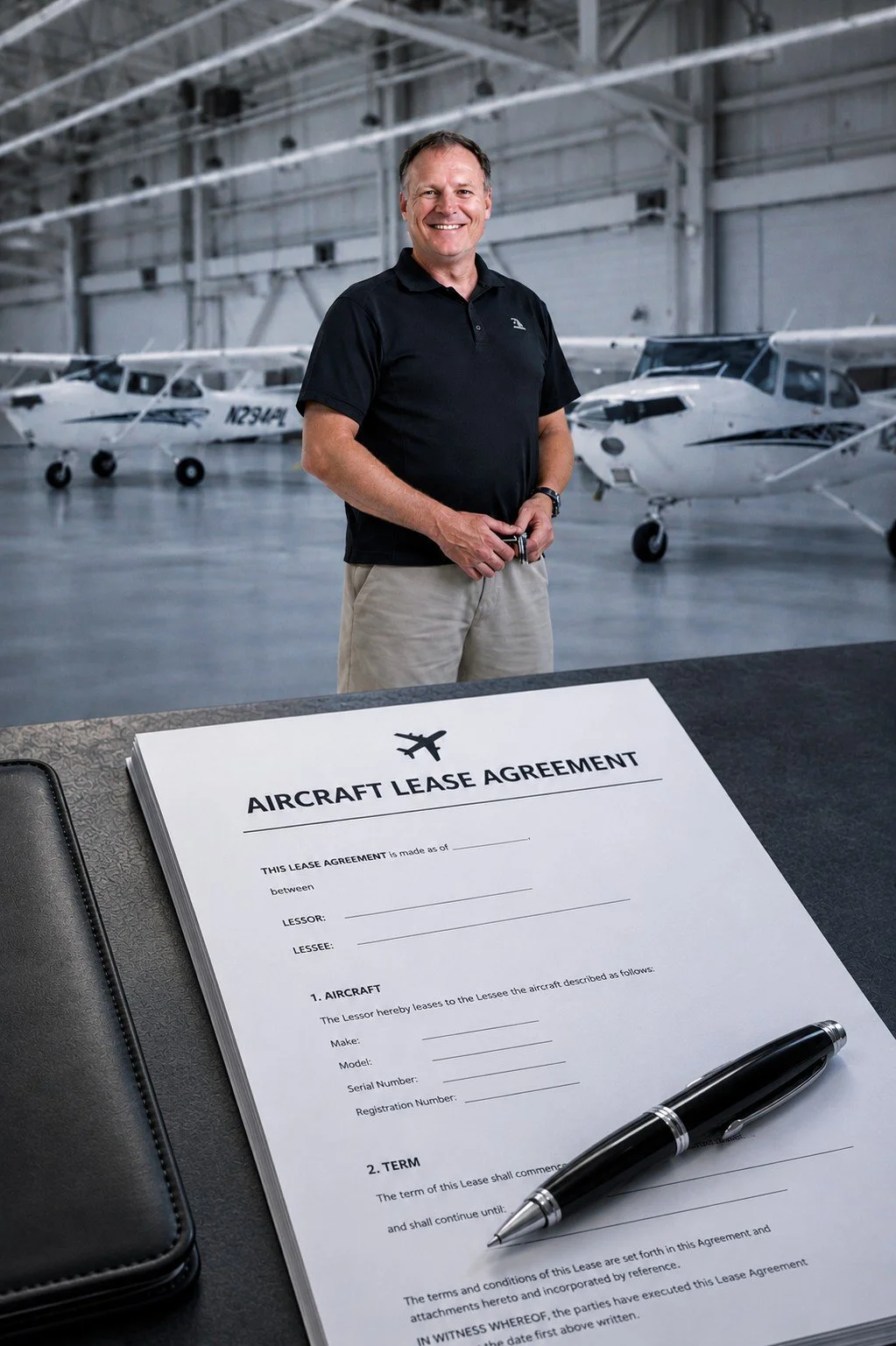 Josh Colton, founder of Sky Air Aviation Advisory, standing in a hangar beside private aircraft, above a sample aircraft lease agreement document