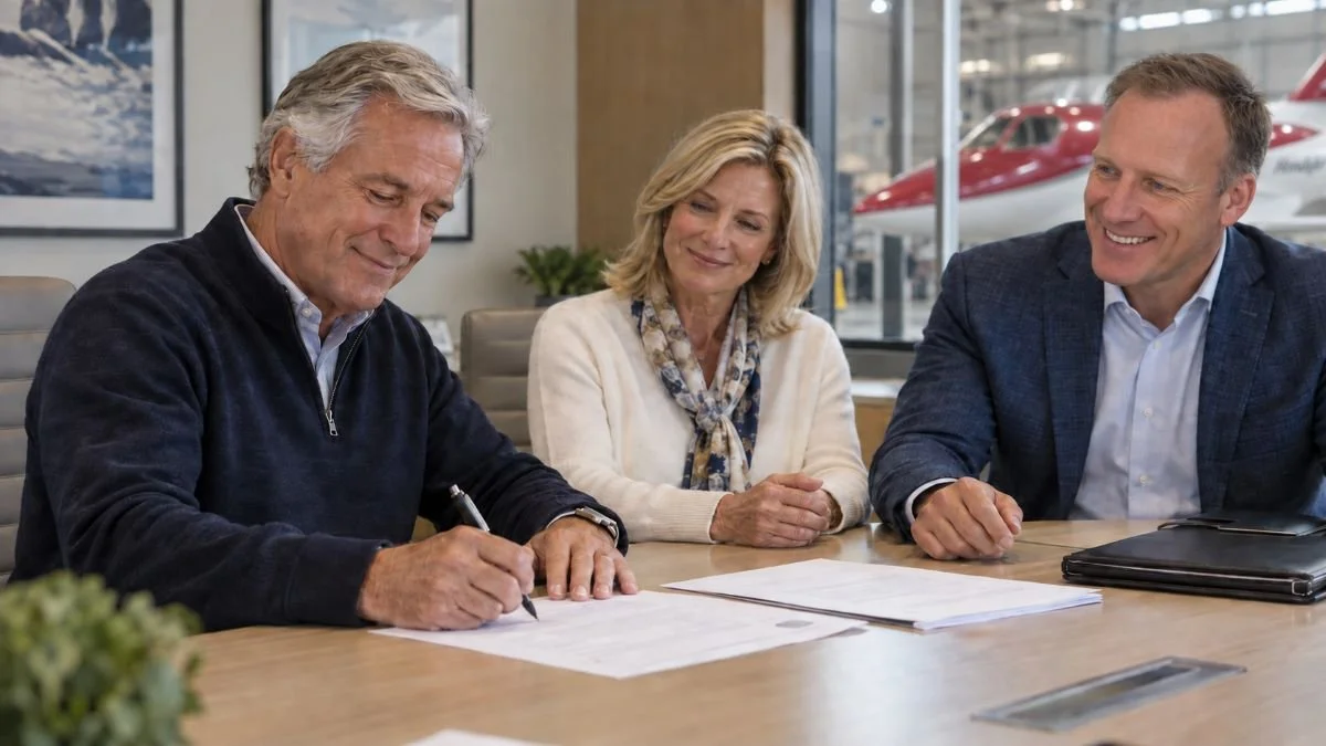 Husband and wife signing selling documents with broker Josh