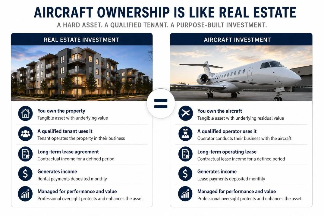 Comparison graphic: aircraft ownership parallels real estate investment, with a qualified operator standing in for a tenant