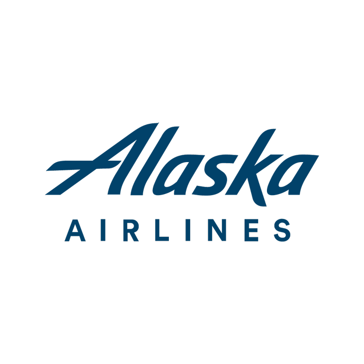 Logo of Alaska Airlines with stylized airplane and text in blue.