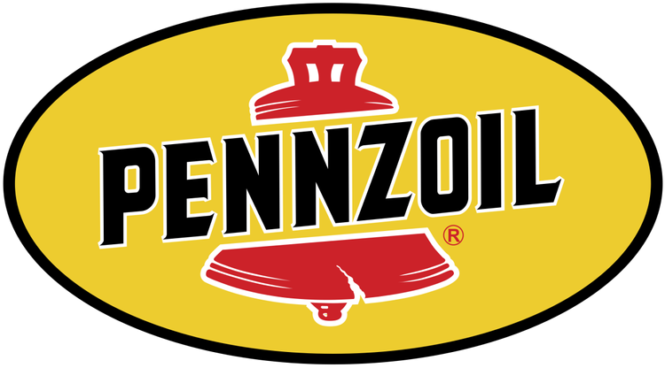 Pennzoil logo with yellow oval background, red oil can symbol at top, and cracked red oil pan at bottom.